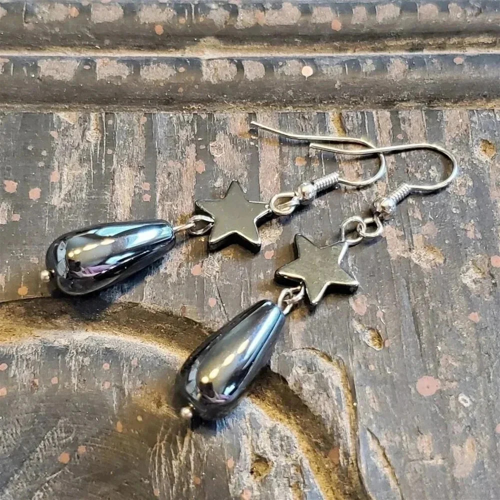 Gunmetal Gray Hematite Stars and Teardrops Gemstone Stainless Steel Earrings
